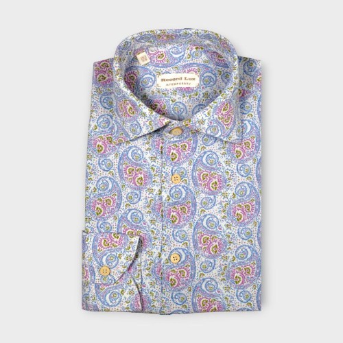 Immagine di Camicia in cotone con stampa damascata rosa e azzurro